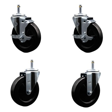 Service Caster 5'' Hard Rubber Wheel Swivel 7/16'' Grip Ring Stem Caster Set 2 Brakes, 4PK SCC-GR20S514-HRS-TLB-716138-2-S-2
